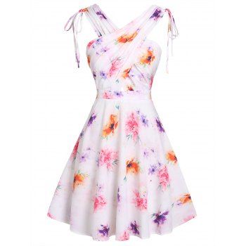 

Summer Mini Dress Crisscross Cinched Tie Floral Print Cut Out Vacation A Line Dress, White