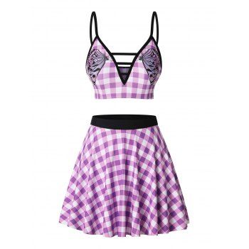 

Plaid Butterfly Print Padded Three Piece Tankini Swimsuit, Multicolor