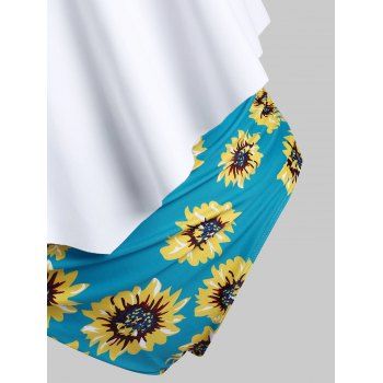 Plus Size Floral Ruffle Hem Contrast Colorblock Tankini Swimwear/Swimsuit/Bathing Suit