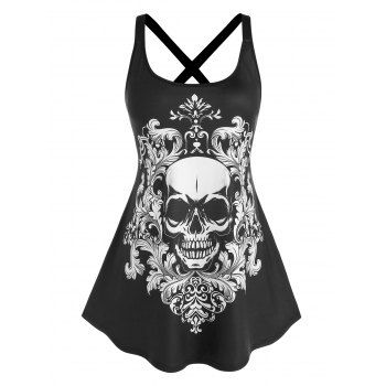 

Plus Size Gothic Skull Flower Print Criss Cross Tank Top, Black