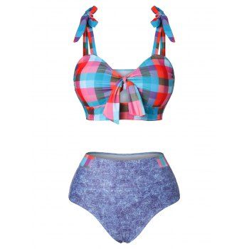 

Plaid Bowknot Denim Print Padded Tankini Swimwear, Light blue