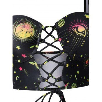 Vintage Tanknini Swimsuit Sun Moon Print Lace Up Cut Out Ruched High Waist Bottom Push Up Underwire Swimwear 