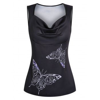 

Cowl Neck Butterfly Print Casual Tank Top, Black