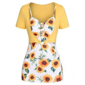 

Sunflower Print O Ring Short Sleeve Faux Twinset Tee, Yellow