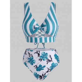 

Plus Size Striped Floral Swimsuit Lace Up High Waisted Bikini Swimwear Set, Blue