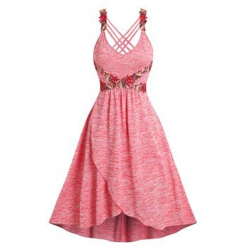 

Space Dye Floral Embroidery Midi Dress Lattice Asummetric Overlap A Line Dress, Light pink
