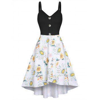 

Sunflower Floral Mock Button High Low Sleeveless Long Dress, Black