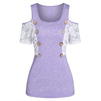 

Cold Shoulder Mock Button Rose Lace Panel Tee, Light purple