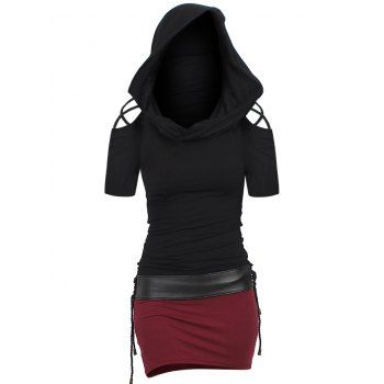 

Gothic Hooded Tee Dress Contrast Colorblock Mini Dress Crisscross Cold Shoulder Cinched T Shirt Sheath Dress, Black