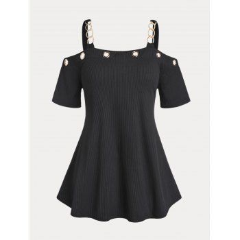 

Plus Size Cold Shoulder Ribbed Chains Grommets T Shirt, Black