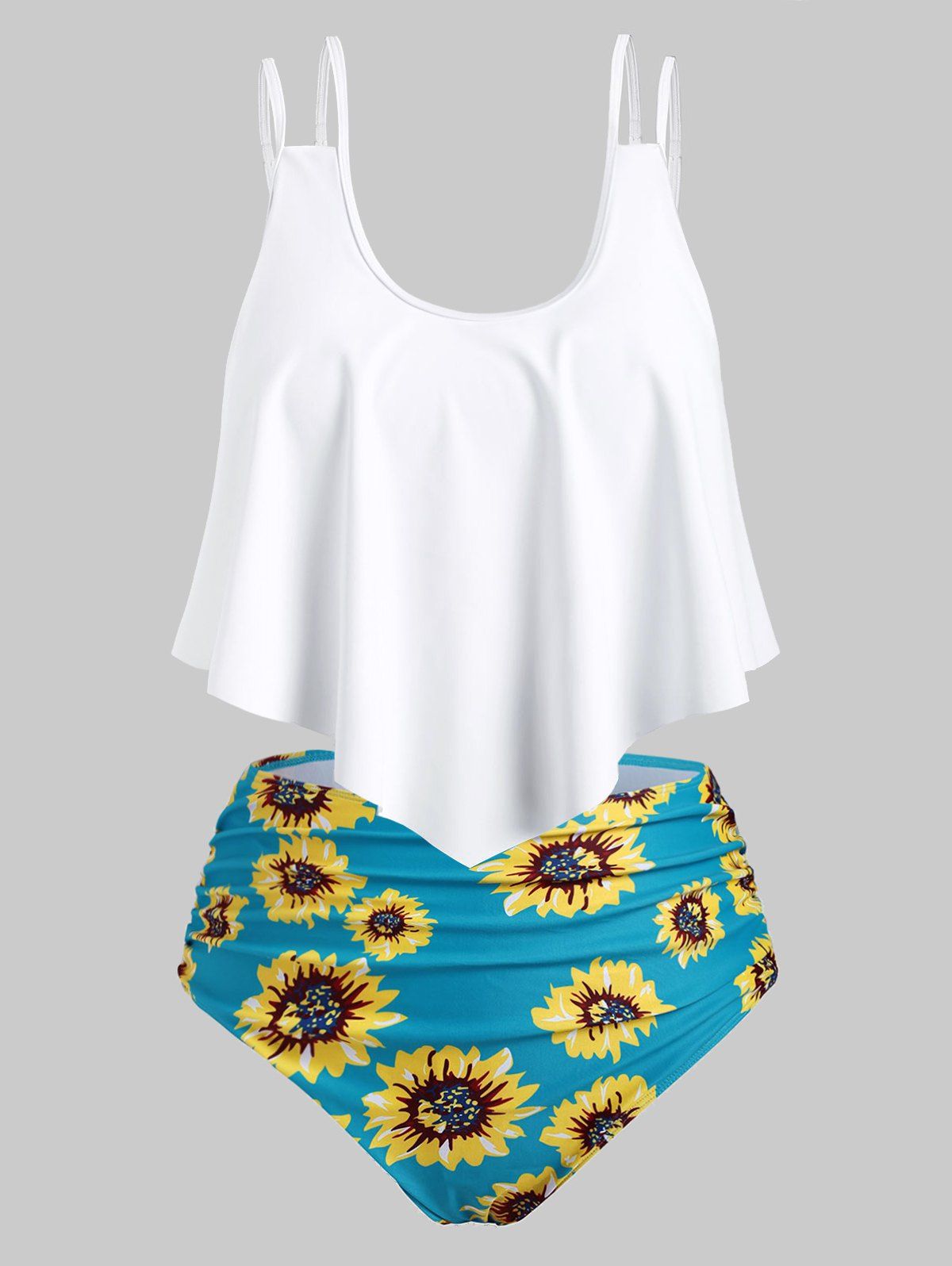 Plus Size Floral Ruffle Hem Contrast Colorblock Tankini Swimwear/Swimsuit/Bathing Suit - multicolor 3X