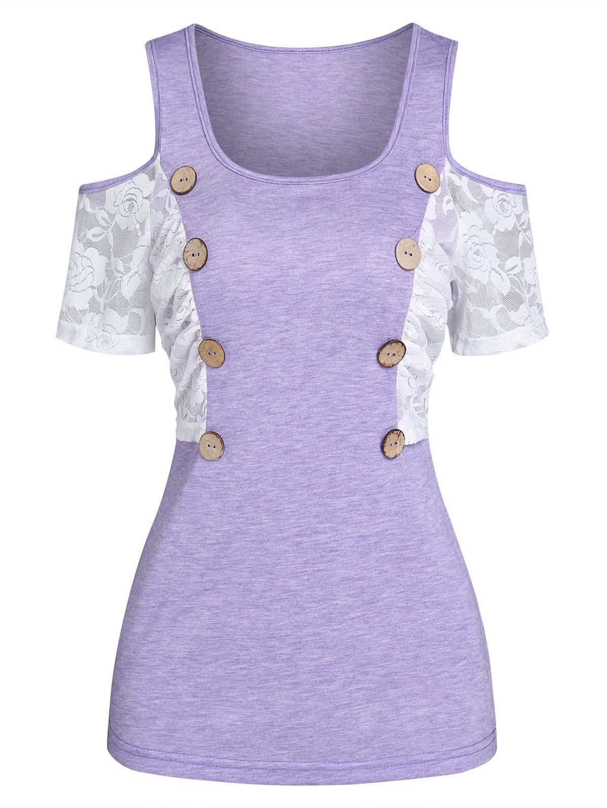 T-shirt Rose Panneau en Dentelle à Epaule Dénudée avec Bouton - Violet clair XXL