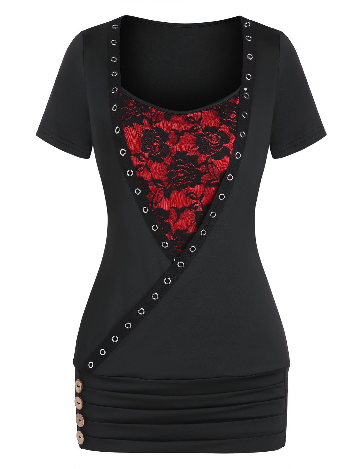 Eyelet Rose Lace Mock Button Ruched Wrap Tee - BLACK XXL