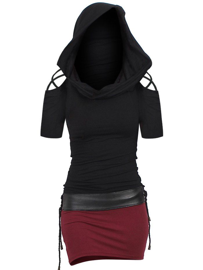 Contrast Colorblock Cold Shoulder Cinched Hooded T Shirt Dress - BLACK XL
