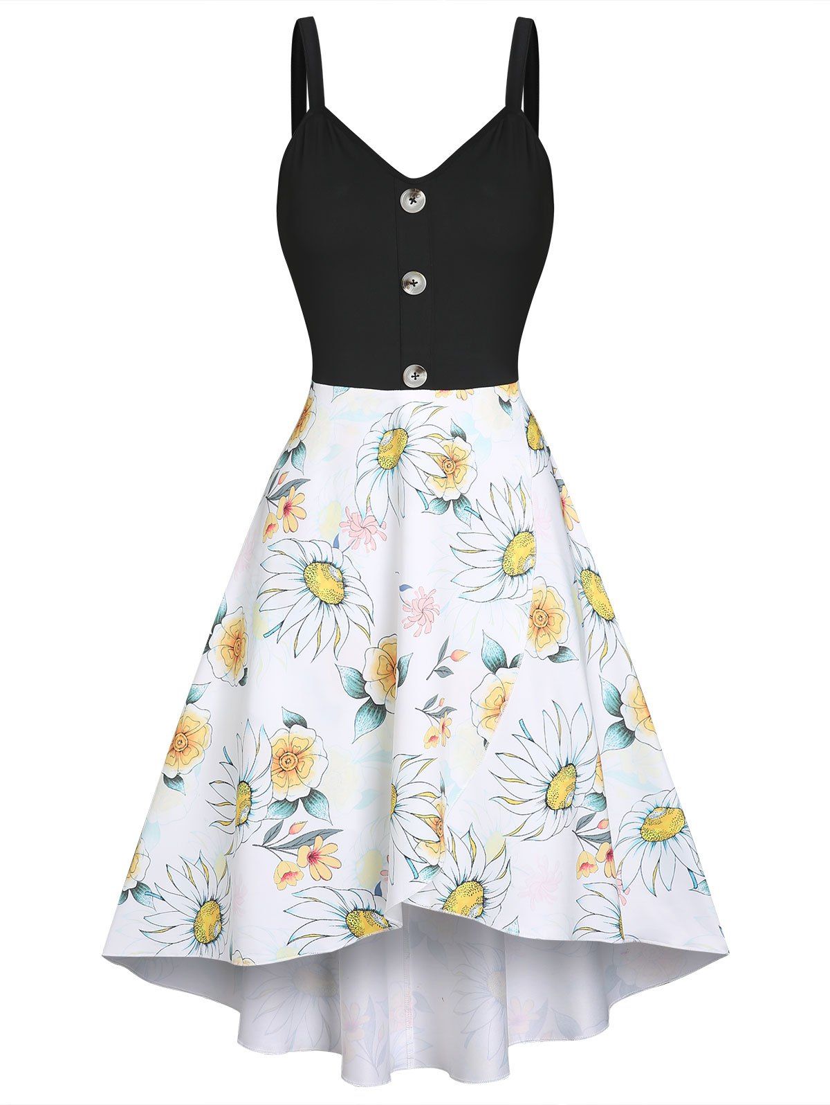 Sunflower Floral Mock Button High Low Sleeveless Long Dress - BLACK XXXL