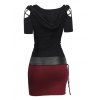 Gothic Hooded Tee Dress Contrast Colorblock Mini Dress Crisscross Cold Shoulder Cinched T Shirt Sheath Dress - BLACK XXL