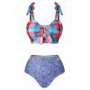 Plaid Bowknot Denim Print Padded Tankini Swimwear - LIGHT BLUE XXL
