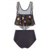 Plus Size Moon Sun Tummy Control Swimsuit Flounce Ruched Tankini Swimwear Set - BLACK 5X