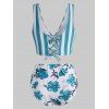 Plus Size Striped Floral Swimsuit Lace Up High Waisted Bikini Swimwear Set - BLUE 4X