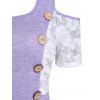 Cold Shoulder Mock Button Rose Lace Panel Tee - LIGHT PURPLE XXL