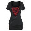 Eyelet Rose Lace Mock Button Ruched Wrap Tee - BLACK XL