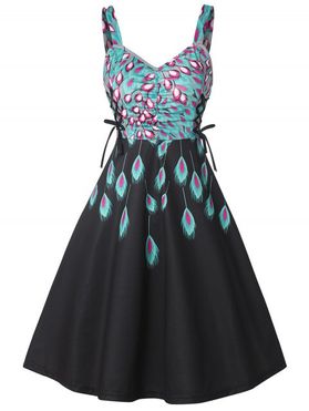 Peacock Feather Print A Line Dress Lace Up Ruched Bust Sleeveless Midi Dress