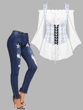Ruffled Blouse Plaid Lace Up Corset Top Twinset and Star Distressed Skinny Jeans Outfit