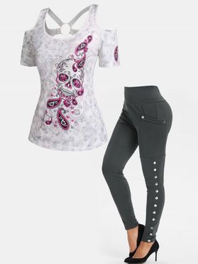 Paisley Skull Print Tee and Pockets Snap Button Leggings Outfit