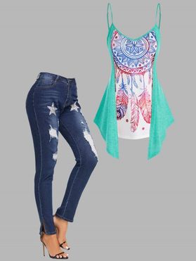 Dream Catcher Print Cami Top and Ripped Slit Jeans Outfit