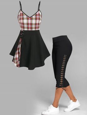 Plaid Skirted Cami Top and Lace Up Capri Leggings Outfit