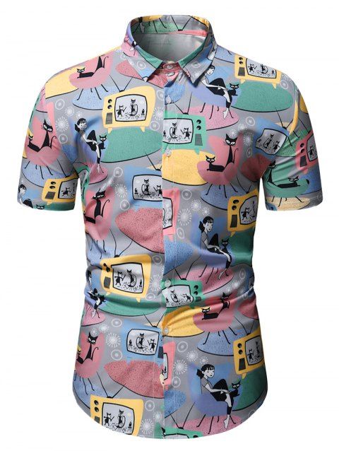 Chemise à Imprimé Figure de Chat Pressé à Manches Courtes