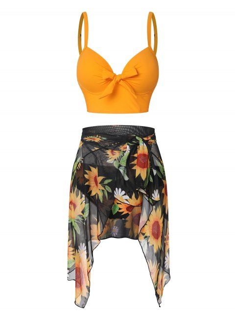 Beach Tankini Swimwear Sunflower Print Bowknot Underwire Push Up Multiway Three Piece Swimsuit