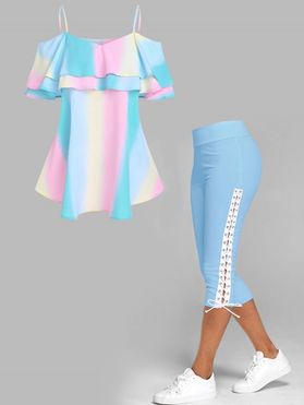 Ombre Rainbow Ruffled Cold Shoulder Tee And Lace Up Cropped Leggings Outfit
