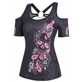 

Floral Paisley Skull Print Tie Dye Cold Shoulder O Ring Short Sleeve Tee, Black