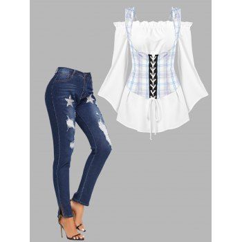 

Ruffled Blouse Plaid Lace Up Corset Top Twinset and Star Distressed Skinny Jeans Outfit, Multicolor