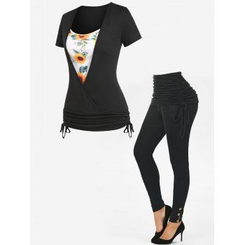 

Surplice Cinched Flower Print T-shirt and Cinched Skinny Pants Outfit, Black