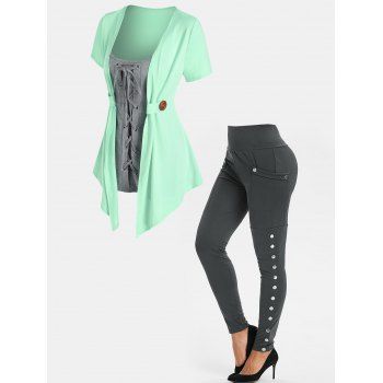 

Lace Up Colorblock T-shirt and High Waisted Leggings Outfit, Multicolor