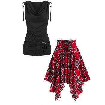 

Draped Cinched Tank Top and Plaid Handkerchief Skirt Outfit, Multicolor