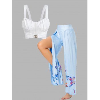 

Corset Bustier Cami Top and Flower Slit Wide Leg Pants Outfit, Multicolor