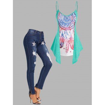 

Dream Catcher Print Cami Top and Ripped Slit Jeans Outfit, Multicolor