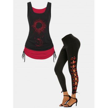 Sun Moon Print Contrast Colorblock Tank Top and Lace Up Plaid Pants Outfit