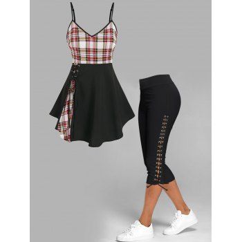 

Plaid Skirted Cami Top and Lace Up Capri Leggings Outfit, Multicolor