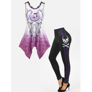 

Gothic Flower Skull Lace Asymmetric Tank Top And High Rise Leggings Outfit, Multicolor
