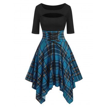 

Lace Up Plaid Cutout Corset Waist Handkerchief Dress, Deep blue
