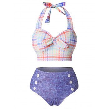 

Plaid Bow Tie Halter Swimwear Mock Button Faux Denim Briefs Tankini Swimsuit, Light blue