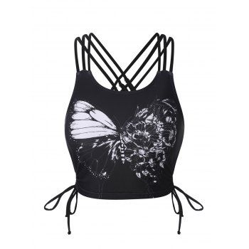 

Butterfly Lattice Strap Cinched Tankini Top, Black