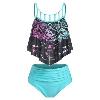 

Skull Heart Moon Print Ruffle Padded Tankini Swimsuit, Black