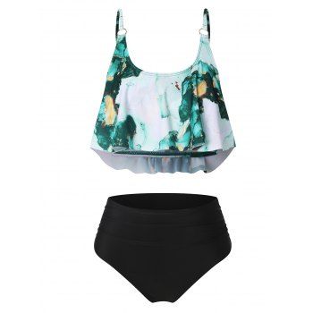 

Print Peplum Strappy Tankini Swimwear, Green