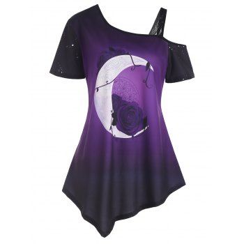 Plus Size Ombre Moon Print Skew Collar Asymmetrical T-shirt