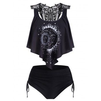 

Celestial Sun Moon Print Ruffle Lace Back Tankini Swimsuit, Black